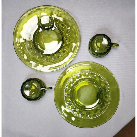 Snack Plates & Cups Indiana Glass King's Crown Thumbprint Avocado Green Vintage - Picture 7 of 8